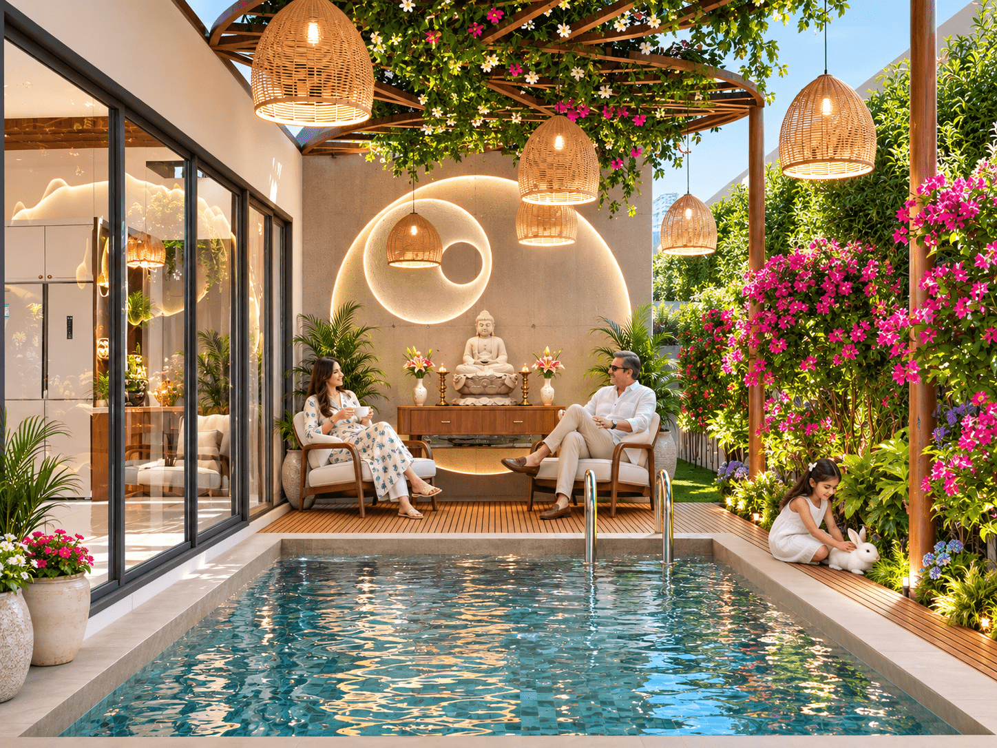 The serene private pool and outdoor lounging deck.