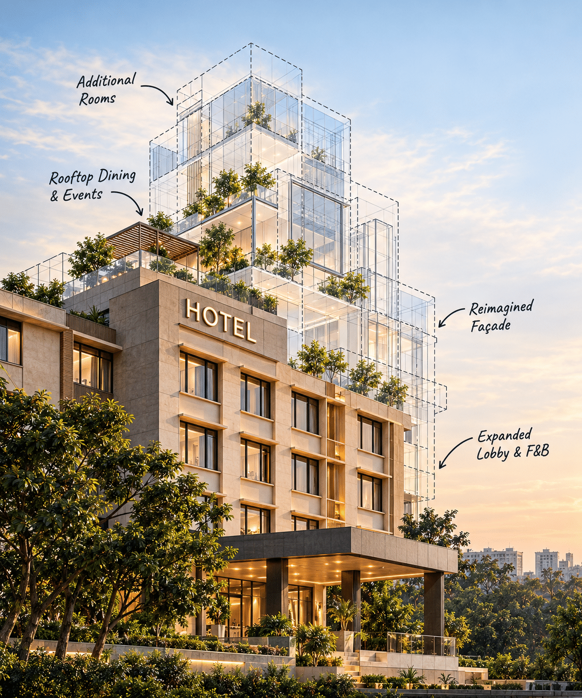 Existing hotel with annotated possibilities — additional floor, terrace activation, new wing, event pavilion, restaurant, repositioned façade
