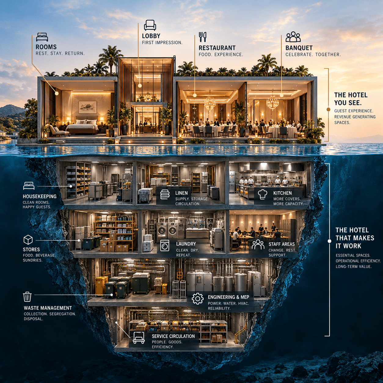 Q22 / pp.60–62 · Hotel Iceberg Above: visible
operations · Below: invisible systems