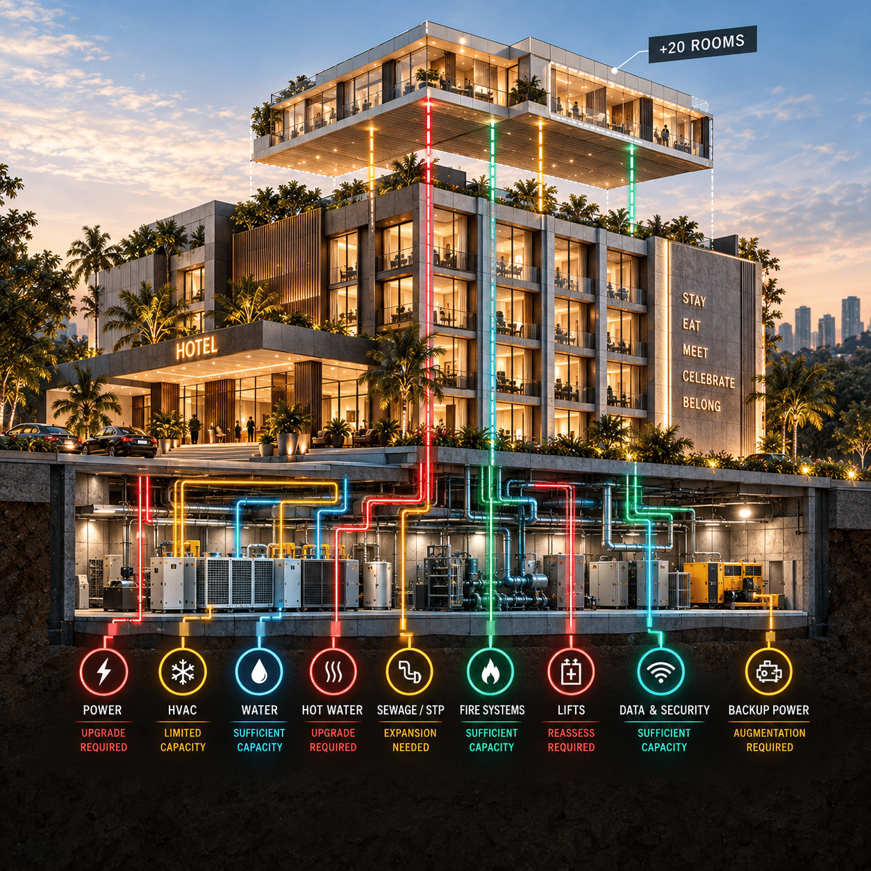 Hotel infrastructure audit diagram showing development potential, structure, fire and life safety, MEP systems — seven-part audit before expansion