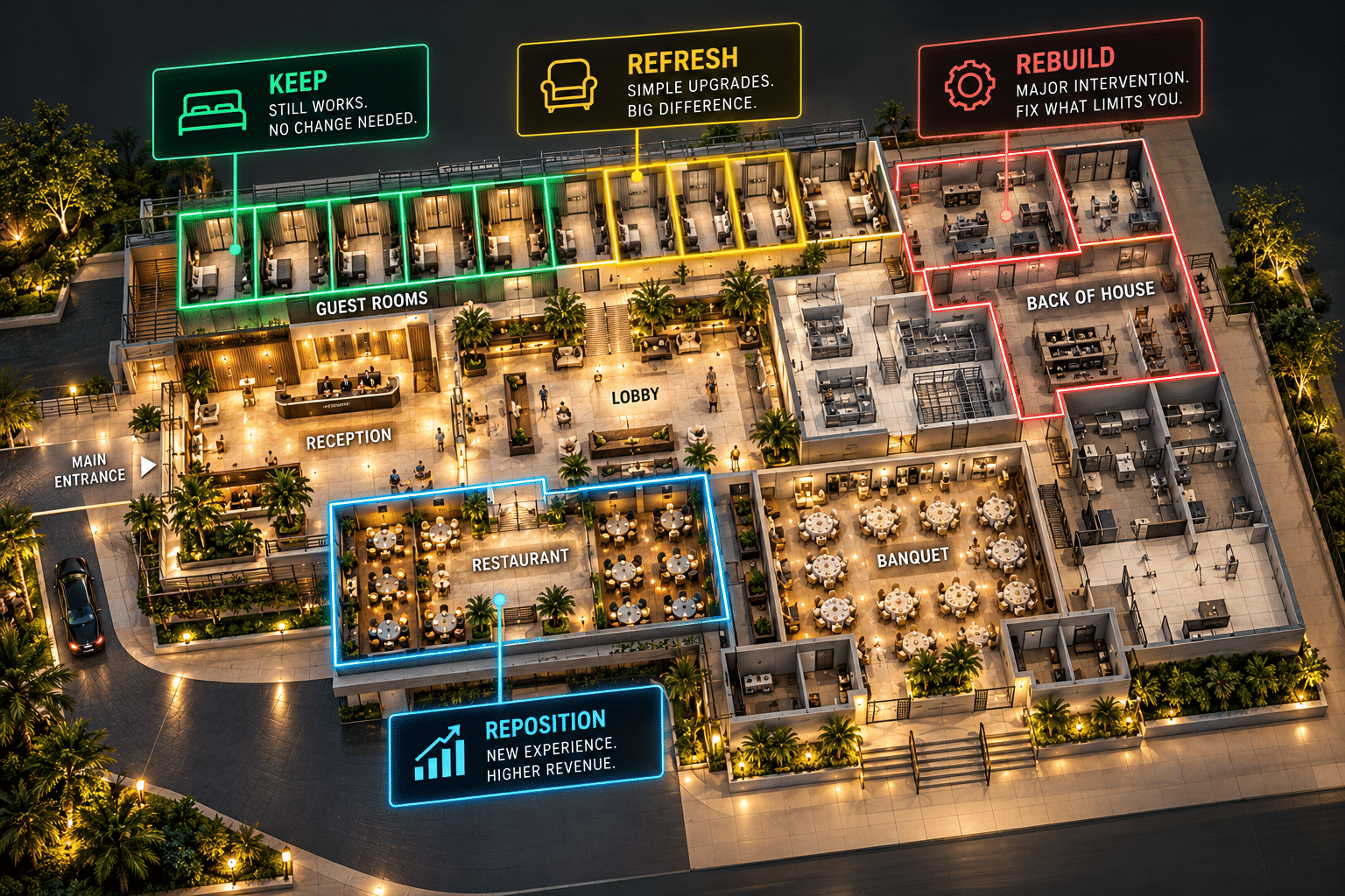 Q26 / pp.71–72 · Keep · Refresh · Reposition
· Rebuild Architectural plan / axonometric version