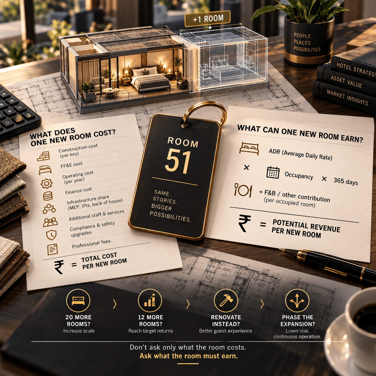 Q29 / pp.75–78 · Does Room 51 Pay for Room 51? Hotel
room key visual + investment logic