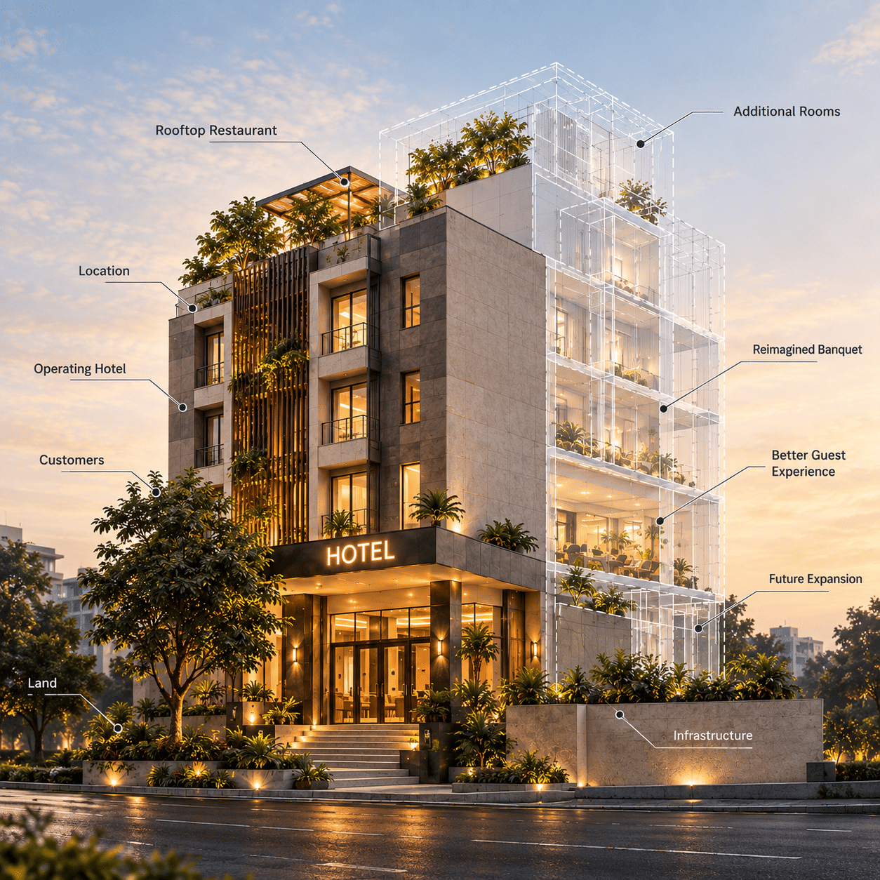 Exploded axonometric showing hotel as layered asset: land, building, infrastructure, operating business, market presence, development potential