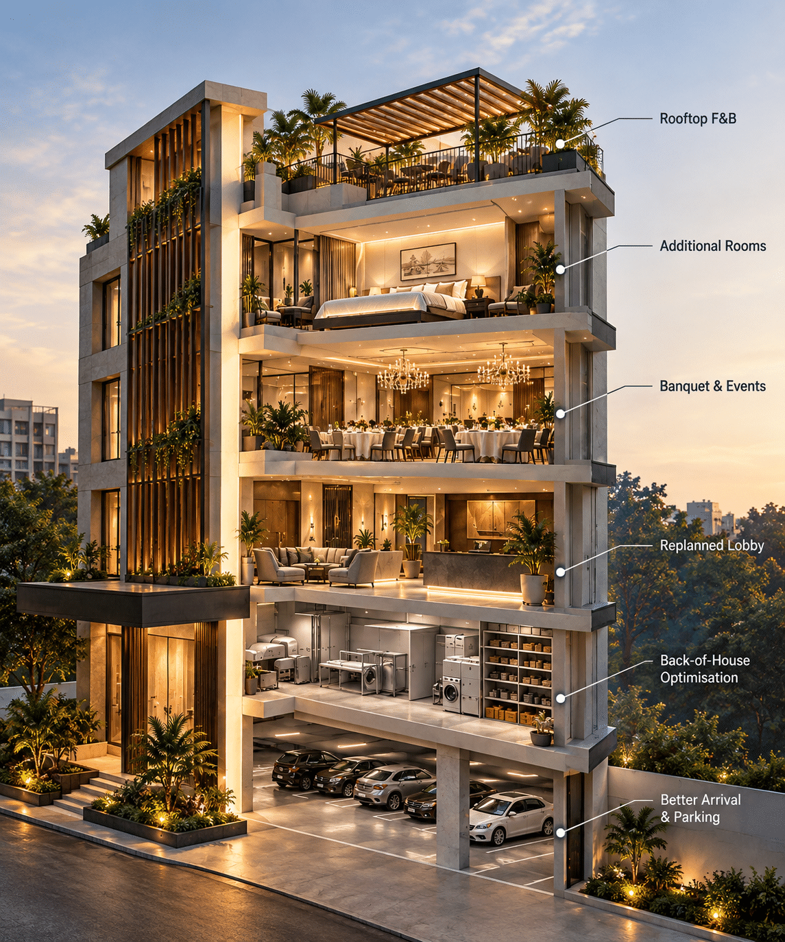 Architectural section showing hotel with underperforming areas highlighted in ochre: ground floor, terrace, parking — Running Hotel does not equal Fully Utilised Asset