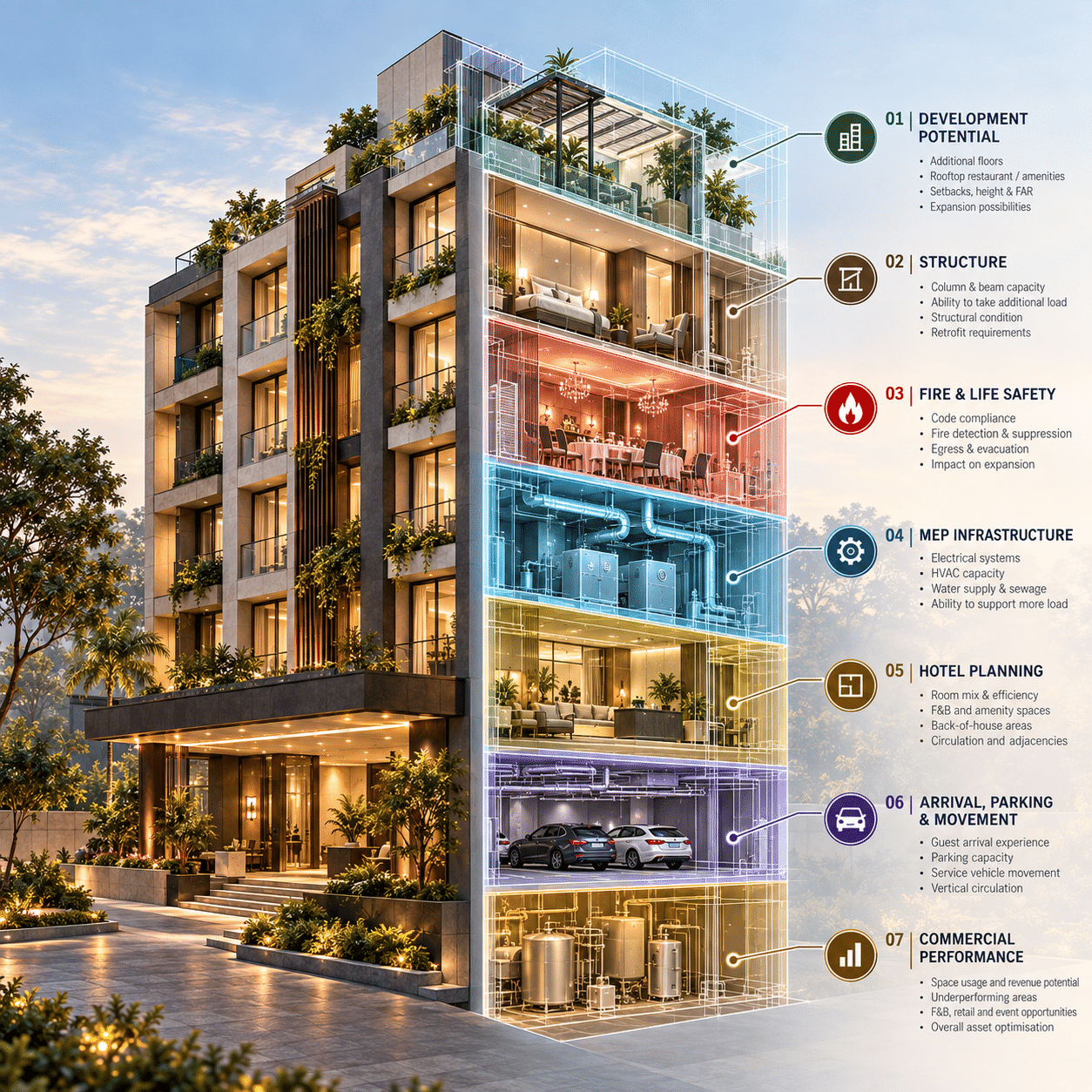 Architectural X-ray section of hotel showing structure, fire and life safety, MEP systems with development potential overlay in ochre