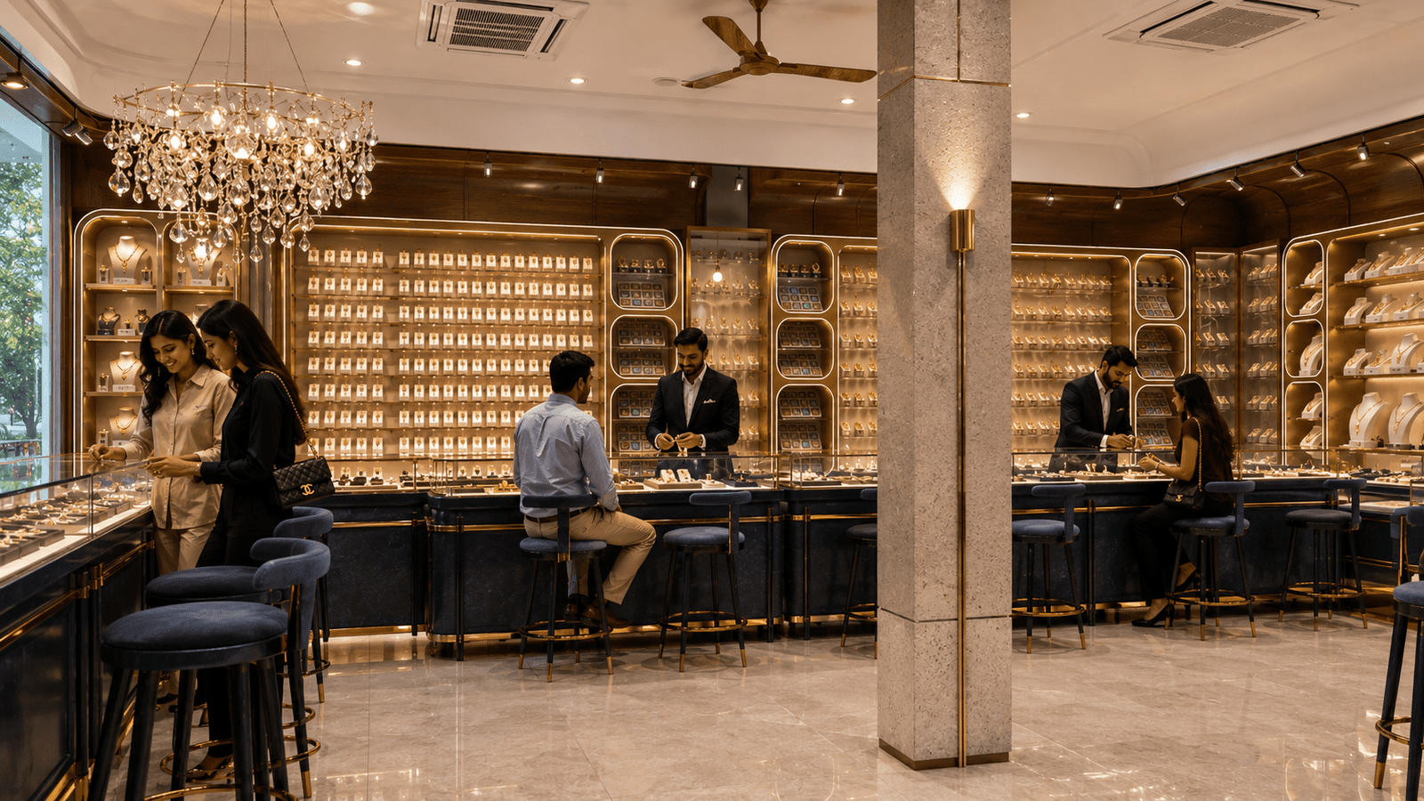 Rich materials, plush seating, and gold accents in the store.