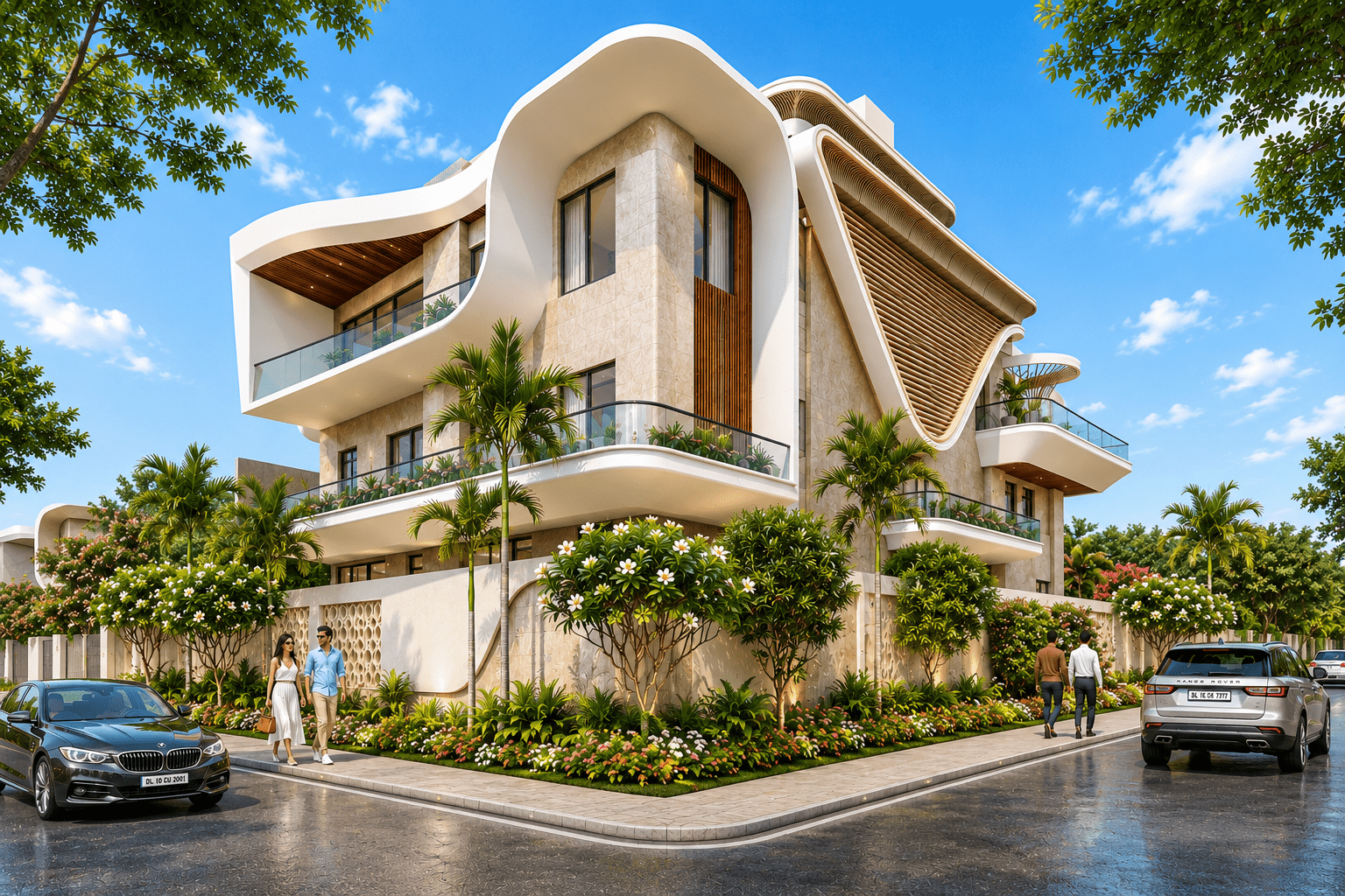 Agarwal Residence elevation — a grand 11,000 sq ft home in Mathura, UP.