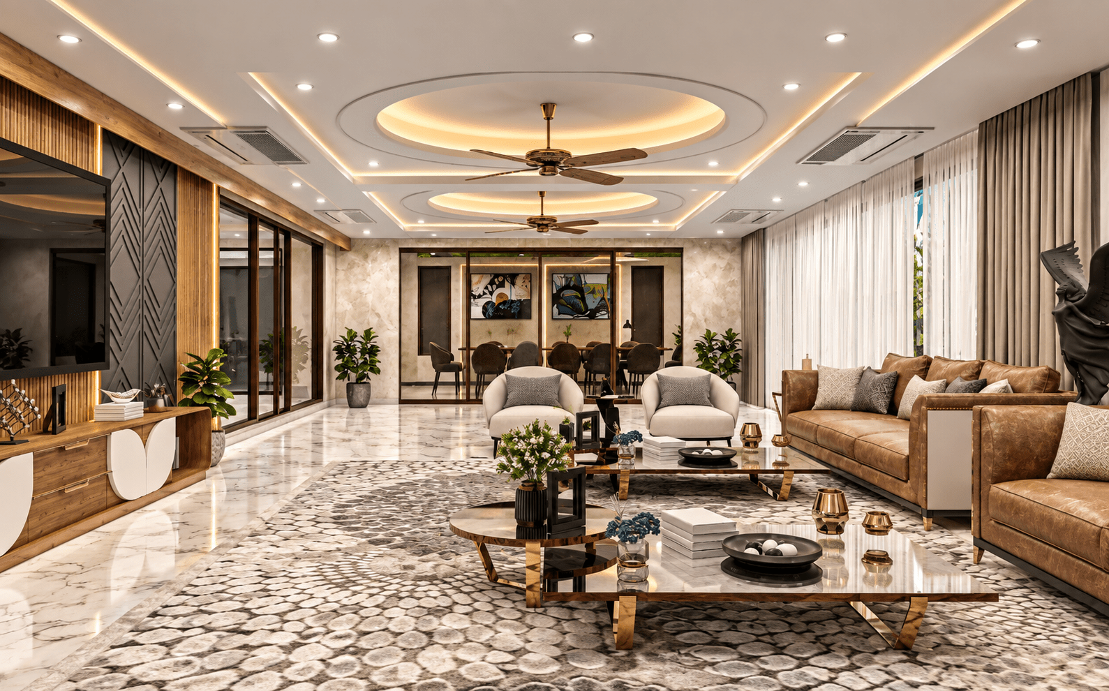 Warm textures and bespoke seating in the communal lounge.