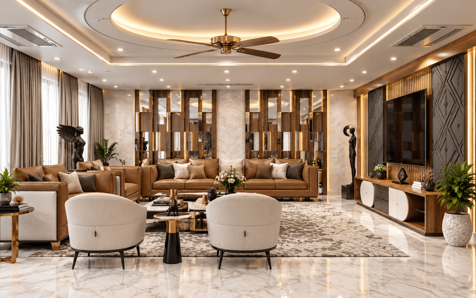 Fluid architectural transitions between living and dining areas.