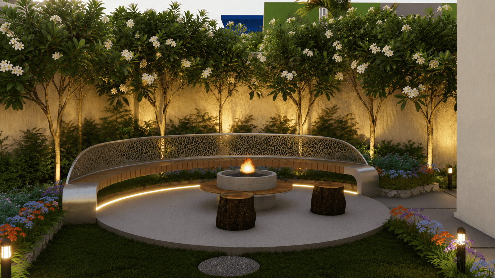 Paved pathways cutting through lush estate greenery at Agarwal Residence.