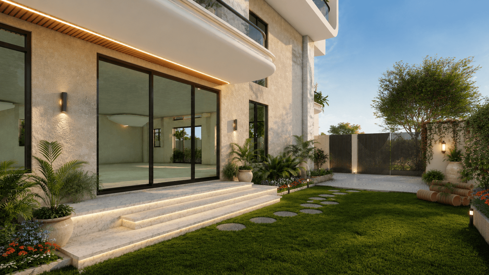 Secondary circulation paths and structured garden beds at Agarwal Residence.