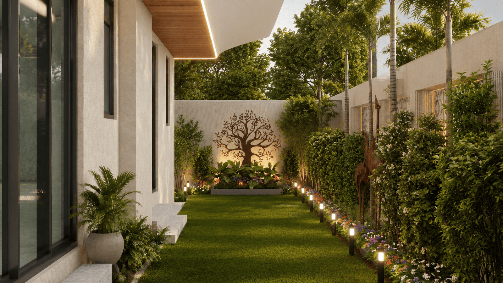 Integrated outdoor seating and landscape features.