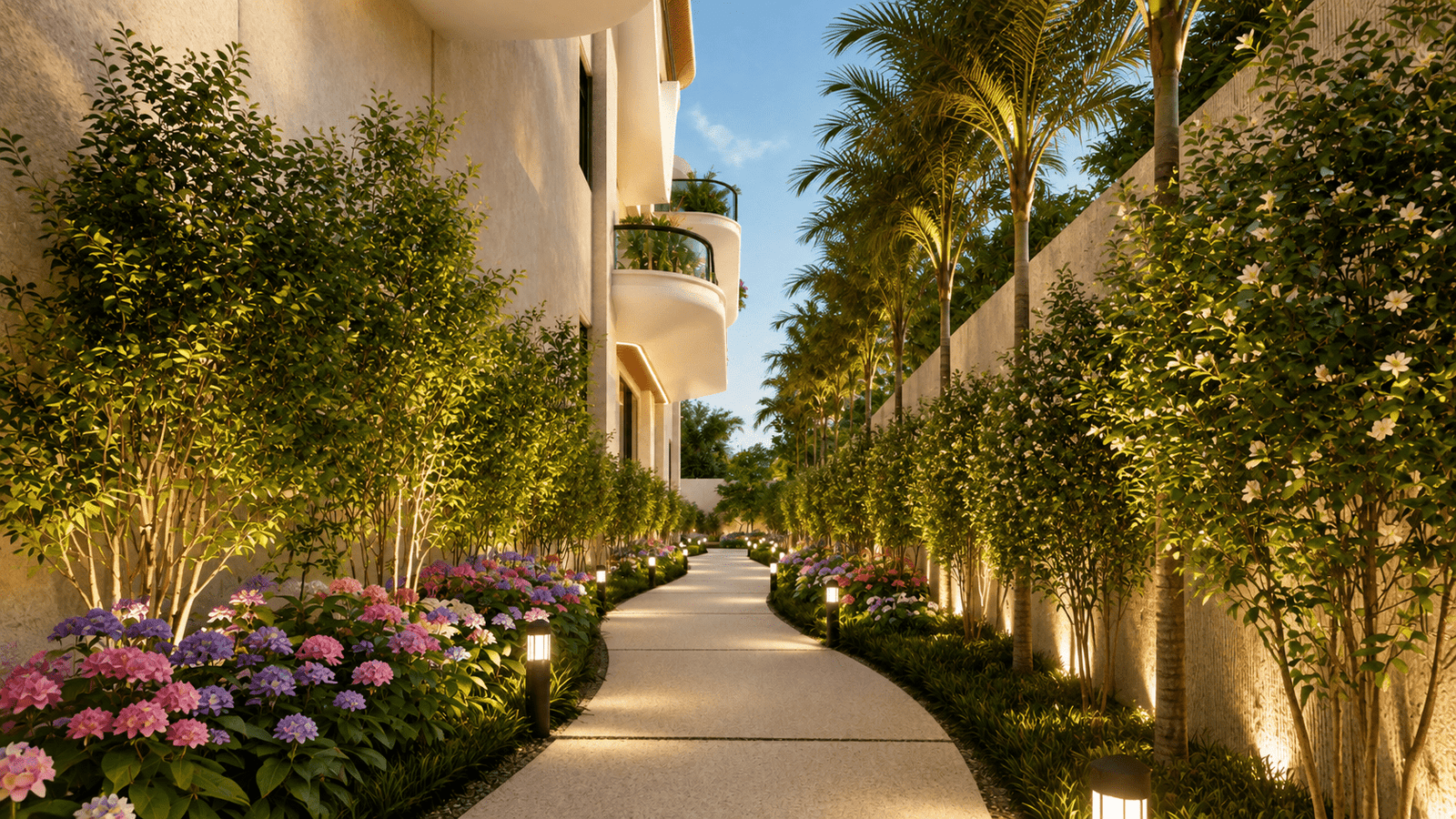 Evening ambiance and lighting across the outdoor zones.