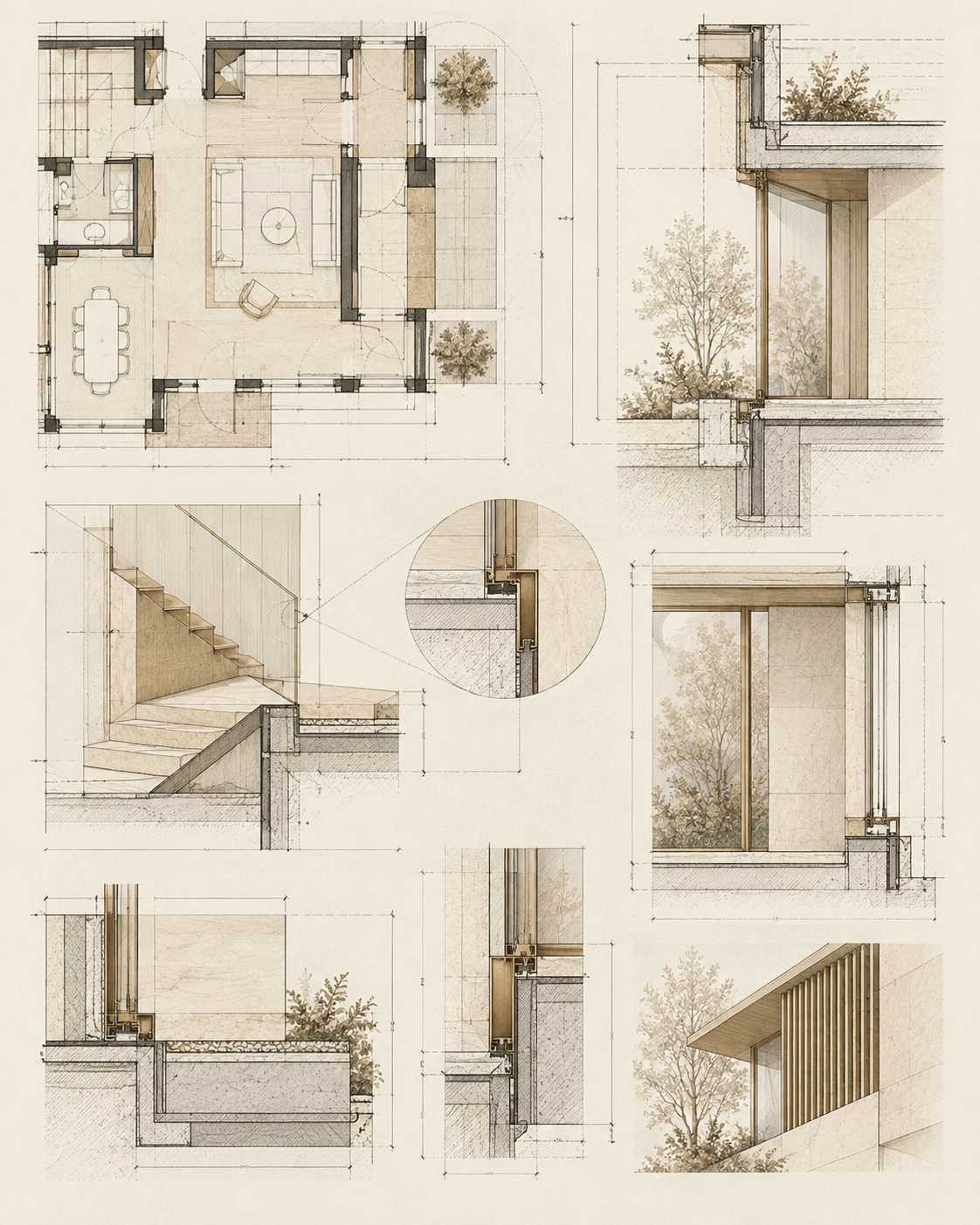 Working architectural drawing and construction detail